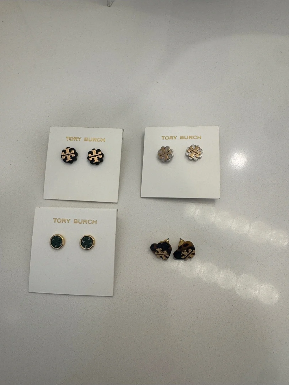Tory Burch Gold-Trim Logo Stud Earrings in Black and Green